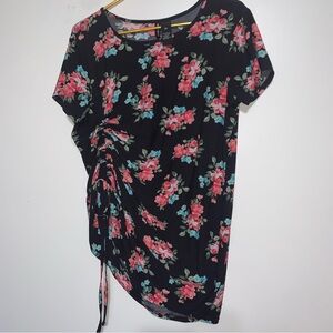 Kristin Nicole Womens Blouse 2X Black Multicolor Floral Short Sleeve Ruched Side